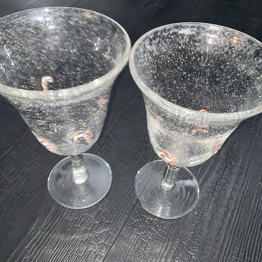 ARTLAND GOBLETS‎ Holiday Candy Canes Clear Seeded Bubble Hand-Blown Glass Set 2
